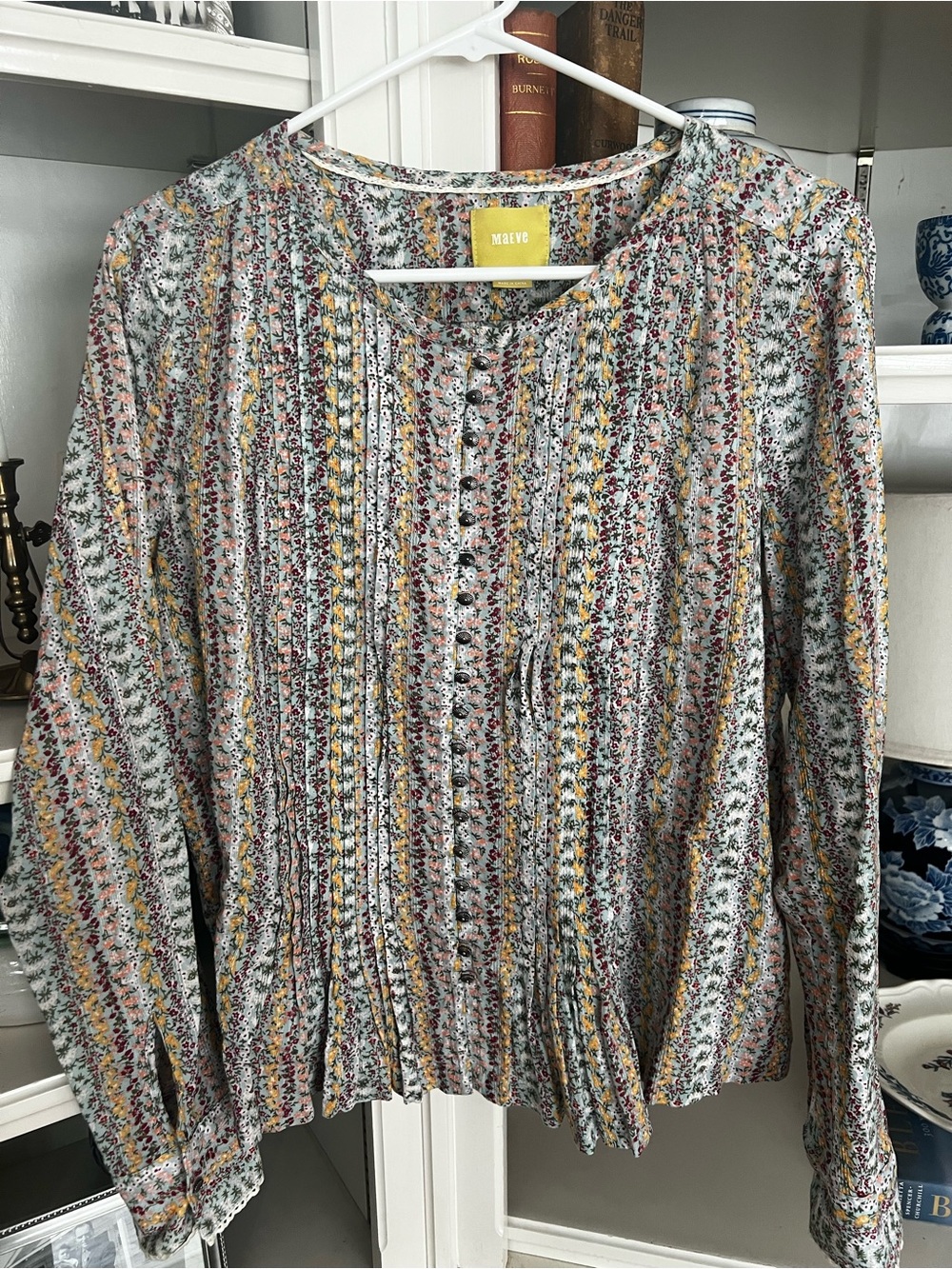 Maeve Multi-Color Floral Pintuck Button-Front Blouse